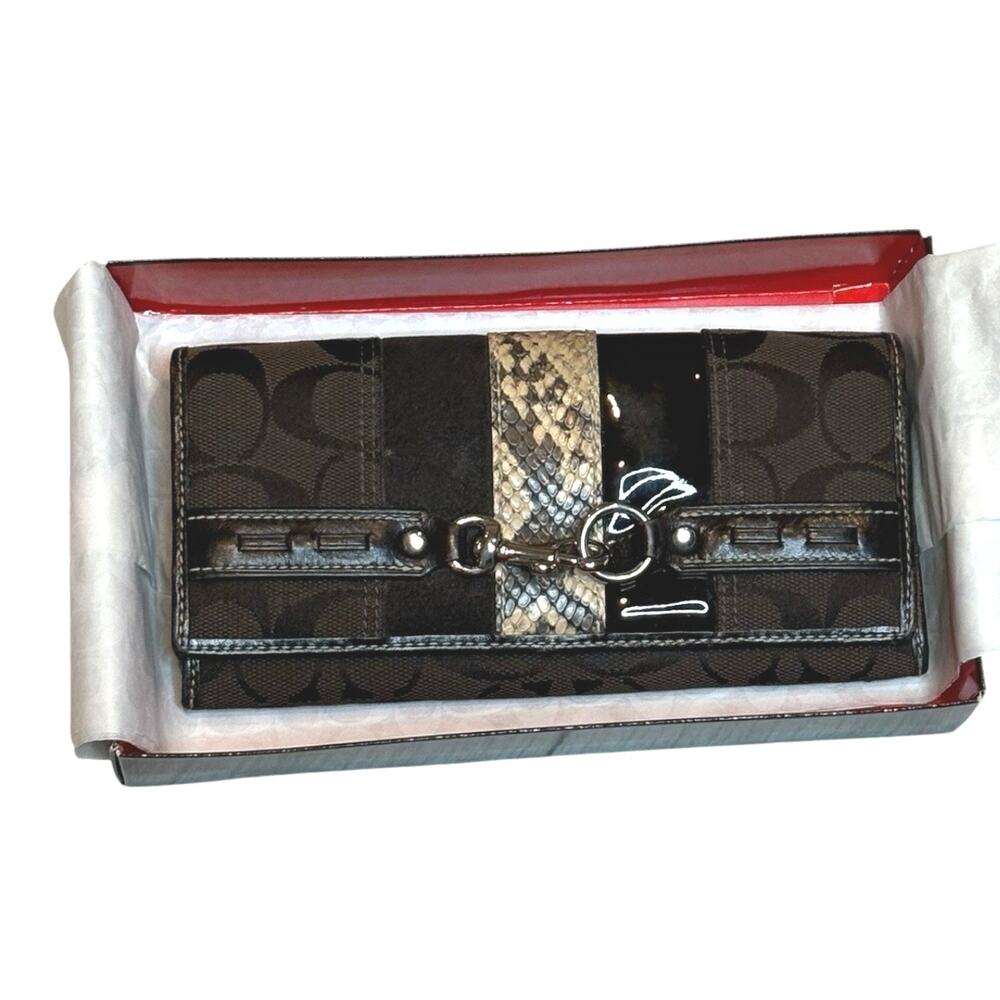 Coach Hampton Python Stripe Signature Wallet Brown Jacquard Leather Y2K Box